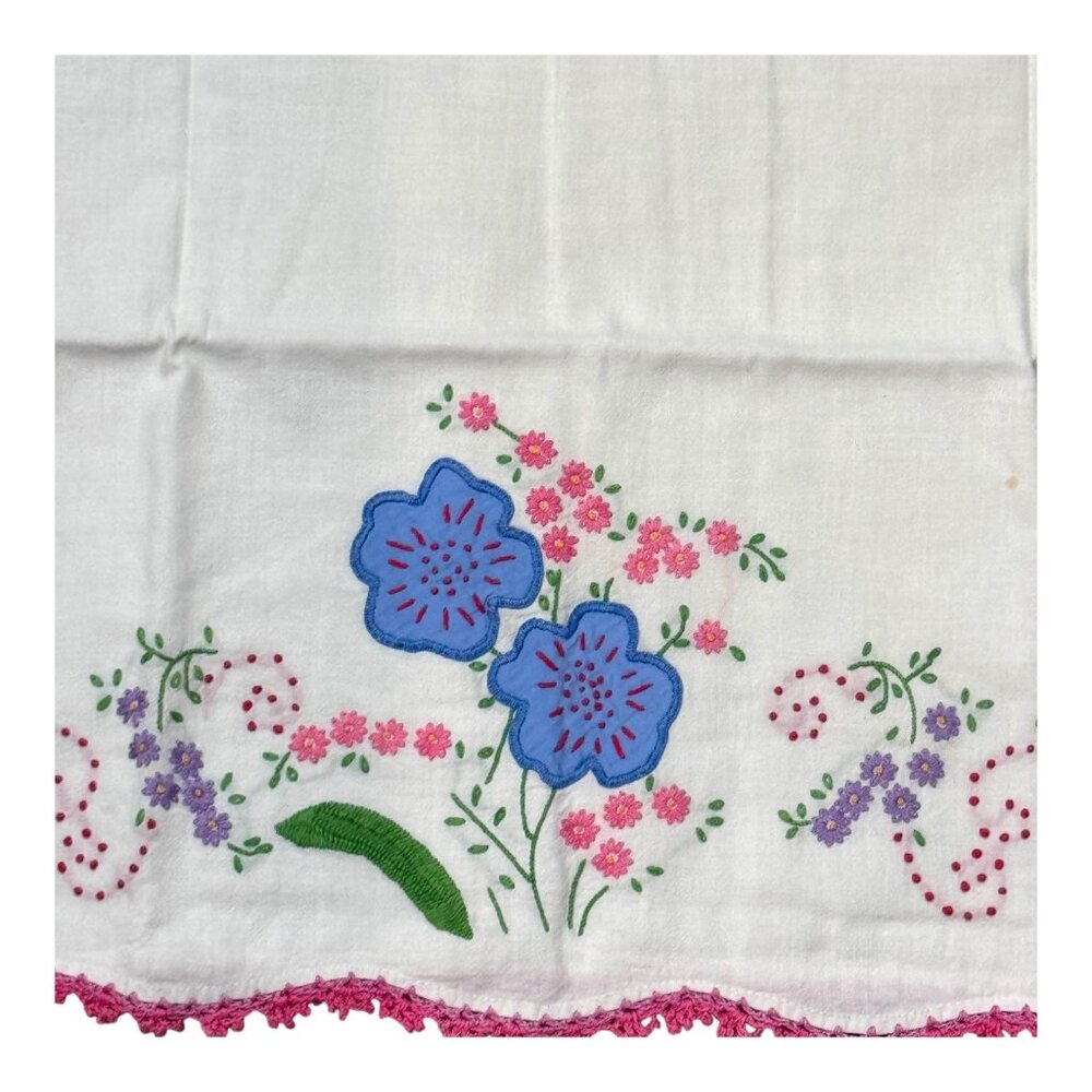 Vintage Hand-Embroidered Applique Cotton Pillowcases Floral Cottage Granny Core